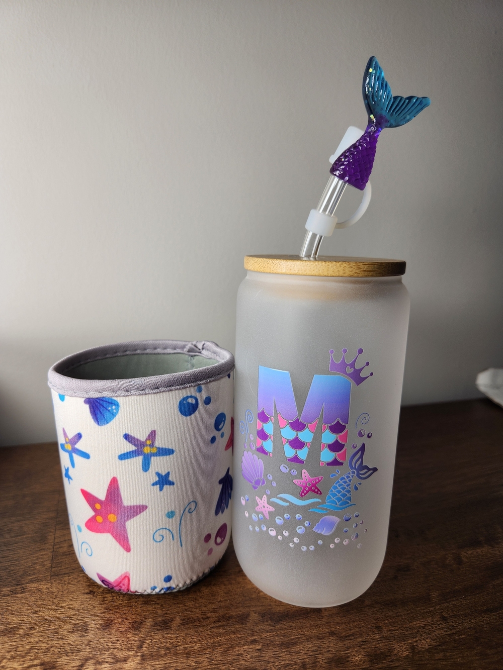 Mermaid Monogram Frosted Glass Bottle with Tail Straw - Purple & Teal
